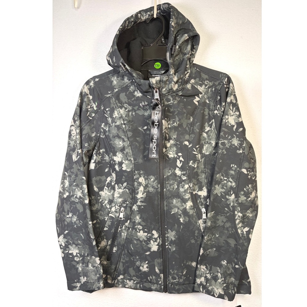 Bebe Sport Hooded Jacket Women Small Black New Floral Softshell OLYB202H